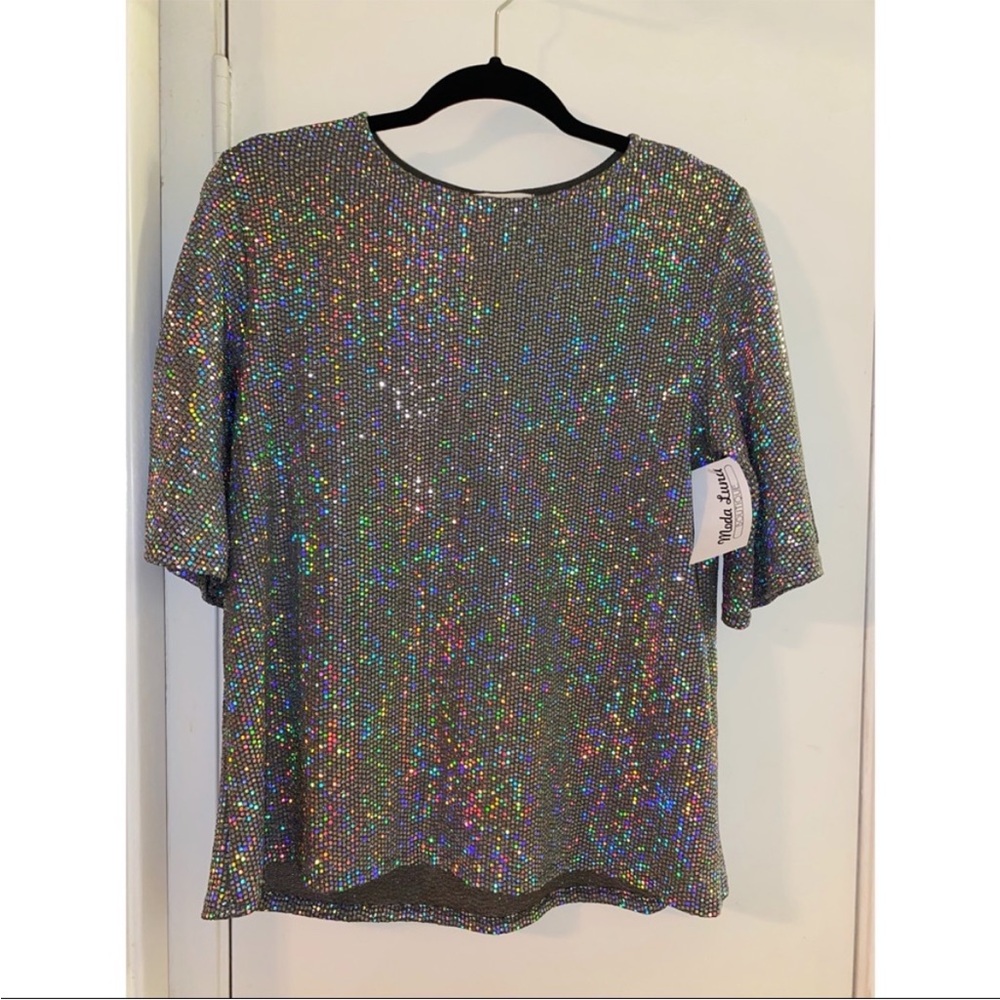Cherish Disco Sparkle Rainbow Iridescent Bat Wing Top